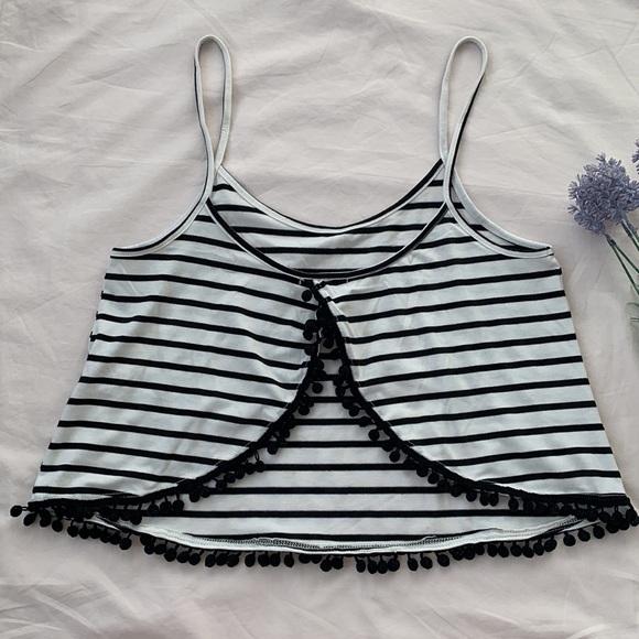 Charlotte Russe crop tank, open back, Pom Pom detail, black & white stripes, S - Picture 3 of 8